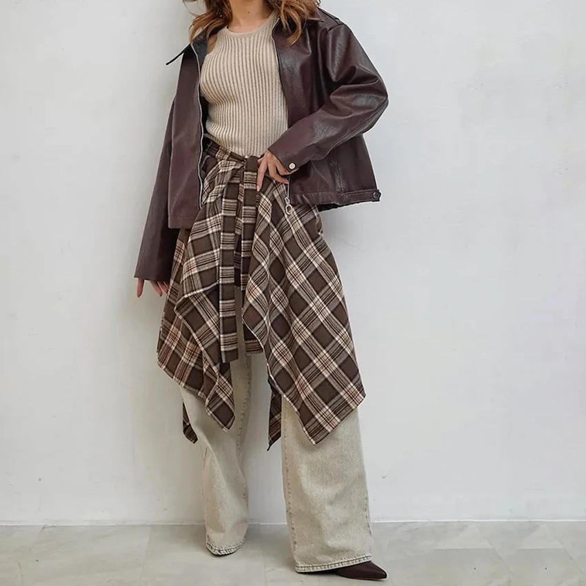 

Linad Street Chic Plaid Wrap Skirts Woman Fashion Check Asymmetrical Skirt Female Summer Casual Lace Up Midi Skirts 2025 Autumn