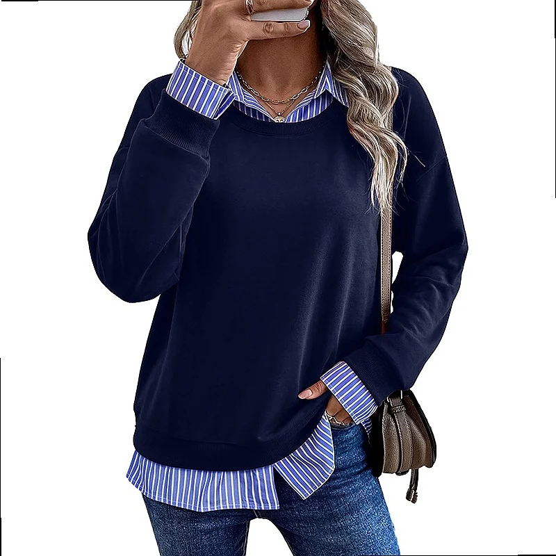 Fall Tops Long Sleeve Blouse Fashion Casual Lapel Faux Two-Piece Hoodie Sweatshirt Women Tee