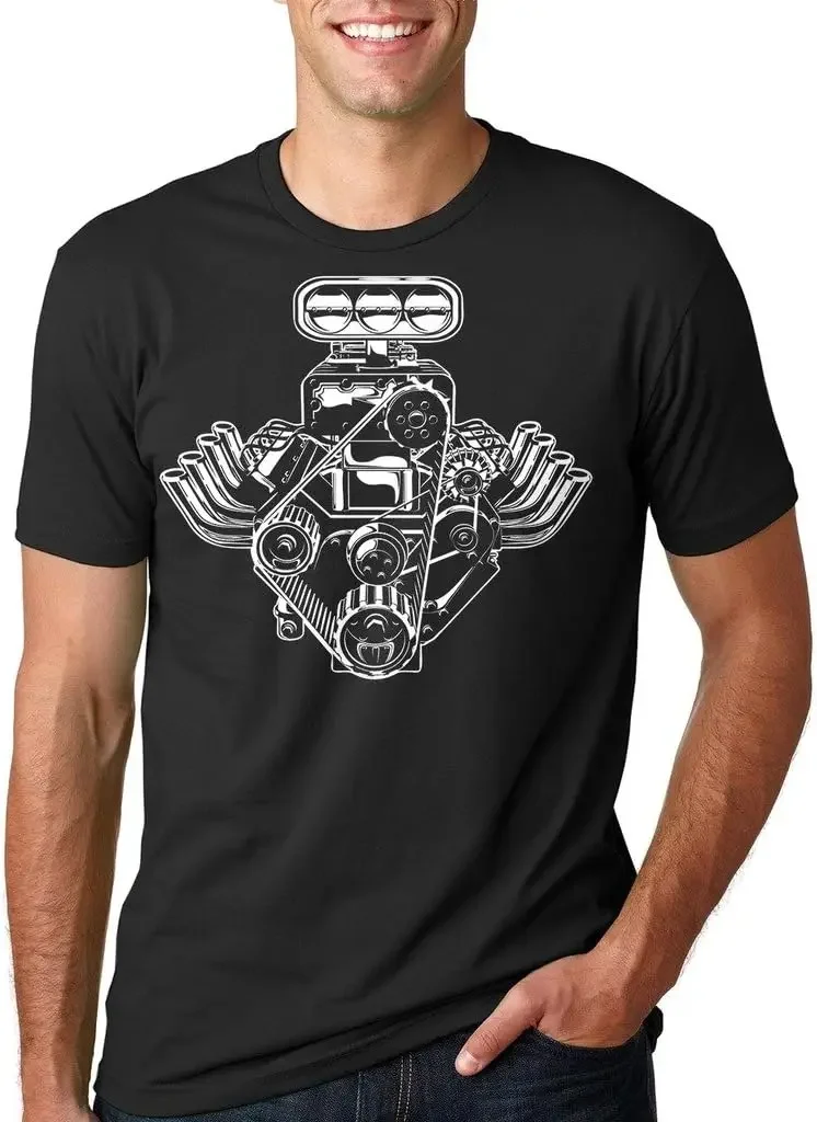 Silk Road T-shirt men's supercharger engine car Amateur American muscle car engine printed top men's and women's clothing