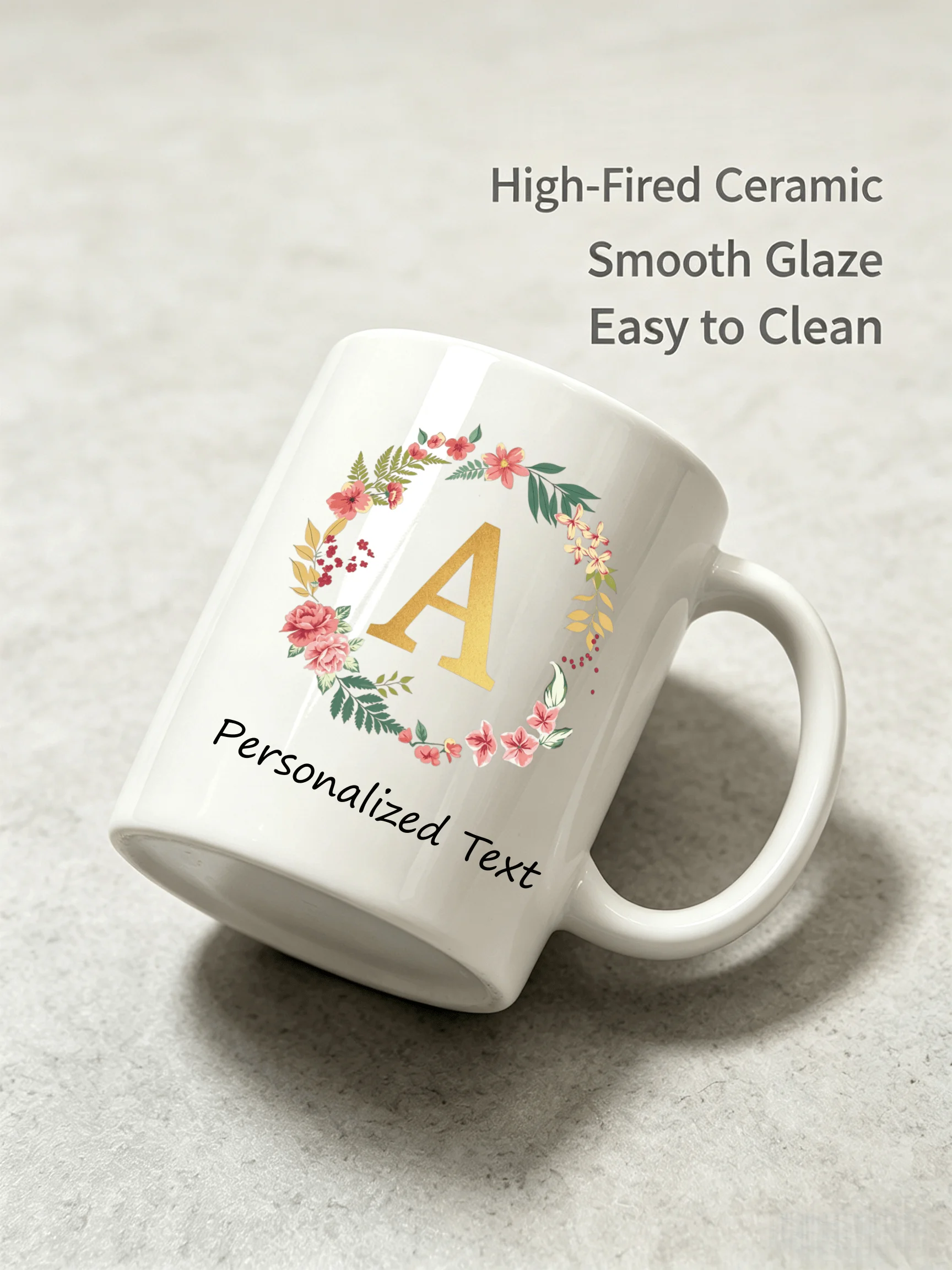 Custom Text Floral Alphabet Initial Mug Personalized Monogram Ceramic Coffee Tea Cup Unique Birthday Gift Drinkware