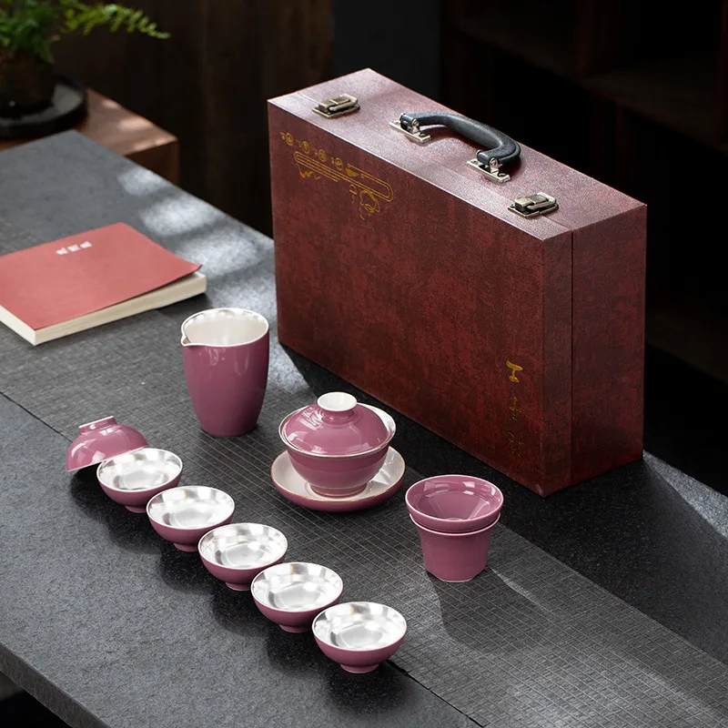 

Чайный сервиз кунг-фу из чистого серебра оптом для домашнего и офисного использования, миска и чайная чашка с позолоченной крышкой, деловая подарочная чайная посуда