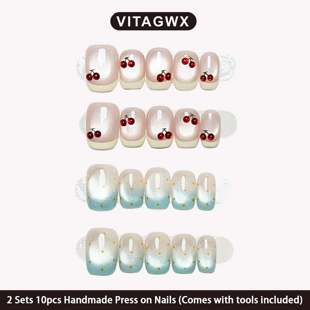 VITAGWX 20pcs Handmade Press on Nails 2 Sets 10pcs Fake Nails Short Square Nail Tips Cat-eye French False Nails with Tools