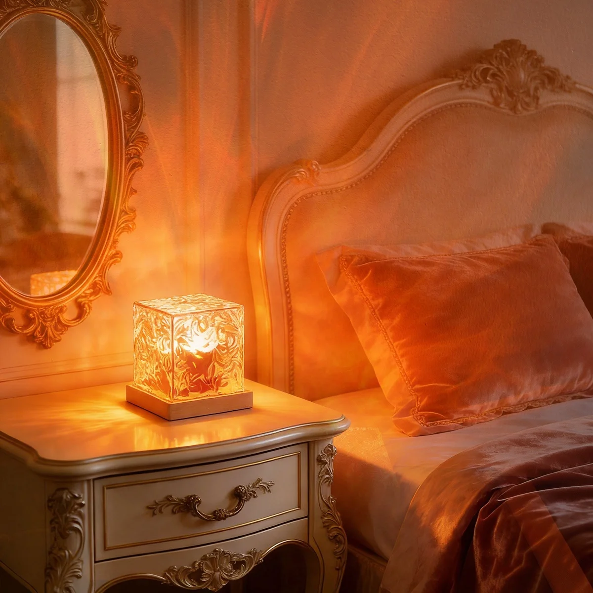 Creative bedside romantic atmosphere table lamp dynamic flame water ripple pattern cube square night light