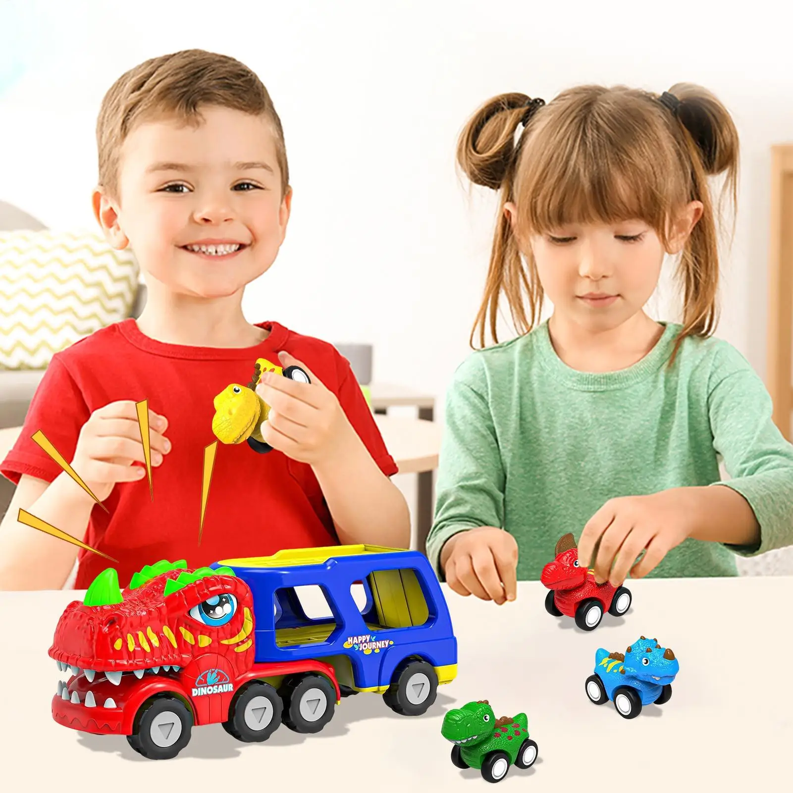 恐竜輸送トラック ライトアップ 電動キッズトラックおもちゃ 4台のプルバックカー付き 誕生日パーティー 恐竜輸送キャリア