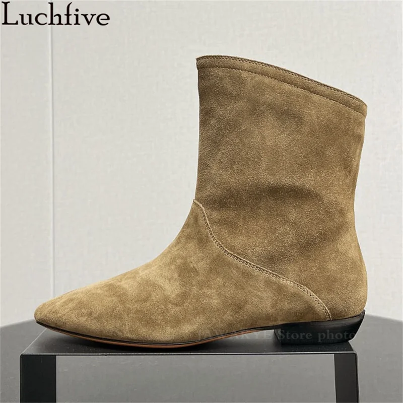 

Poingy Toe Low Heel Chelsea Ankle Boots Women Suede Leather Classics Punk Boots Autumn Winter Runway Fashion Knight Boots Woman