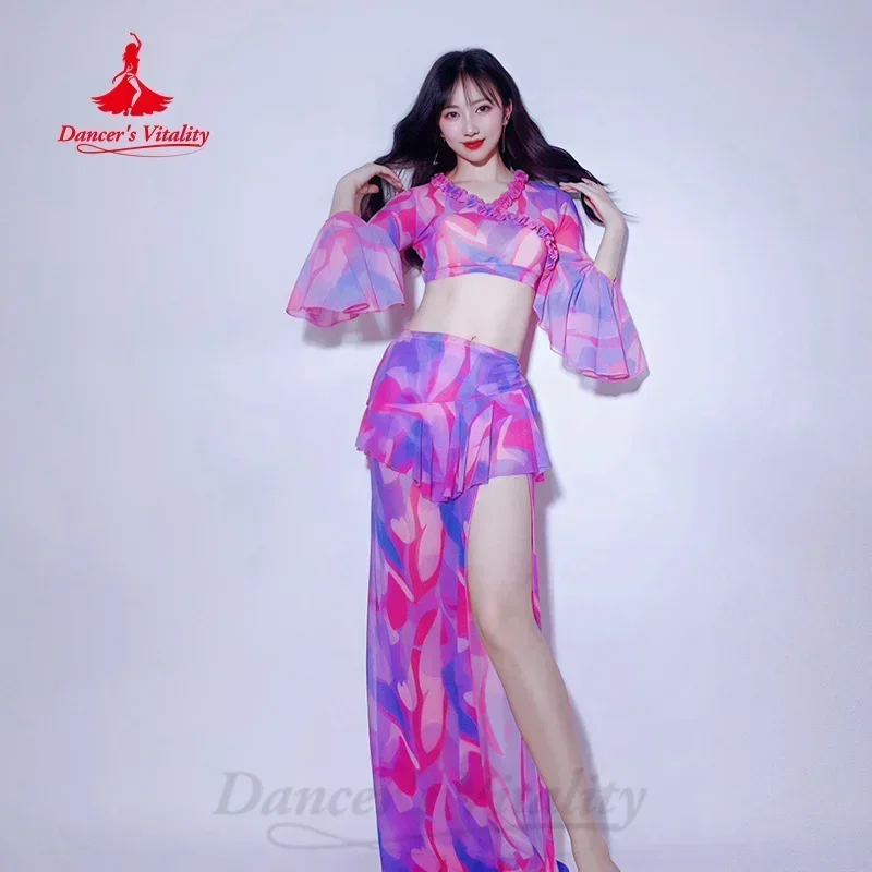 Terno de dança do ventre profissional para mulheres, Vestuário de treinamento profissional Conjunto de práticas de malha respirável
