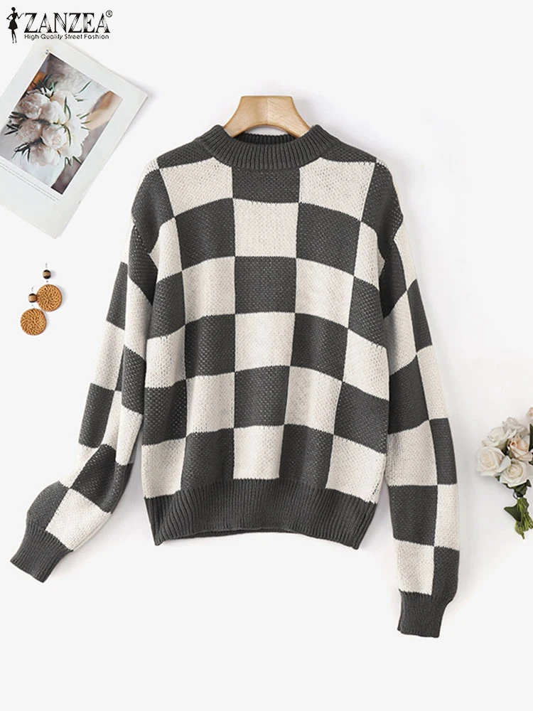

ZANZEA 2025 модные свитера женские осенние клетчатые джемперы с длинным рукавом повседневные свободные зимние пуловеры элегантный офисный уличный топ