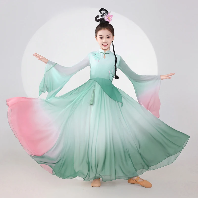 

Детский классический танцевальный костюм, элегантный костюм для девочек, китайский танцевальный веер, групповой танцевальный костюм, платье певицы