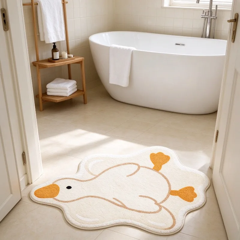 Fun Cartoon Big White Duck Irregular Rug Cute Duck Fluffy Bathroom Mat Soft Plush Foot Mat for Bathroom Home Decor Bedside Rugs
