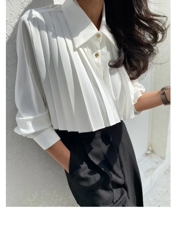 قميص نسائي أنيق عتيق بأكمام طويلة، فضفاض مناسب بأزرار سفلية، تصميم مطوي مزين بشكل متعدد الاستخدامات، ملابس عمل متعددة الاستخد...