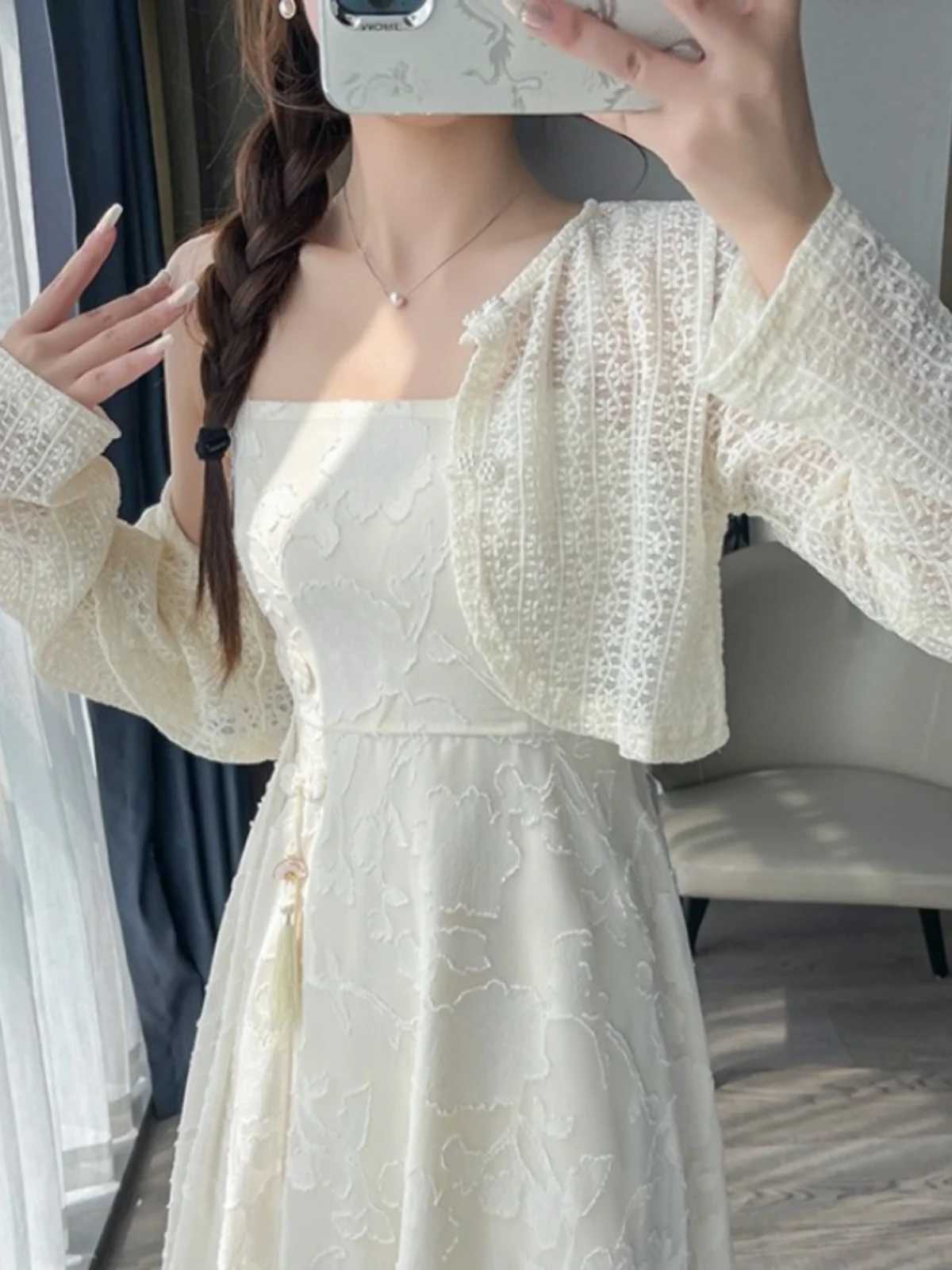 

Women's Summer Thin Knitted Sun Protection Open Cardigan Hollow out Design Casual Style Loose Fit Long Sleeve Short Dress