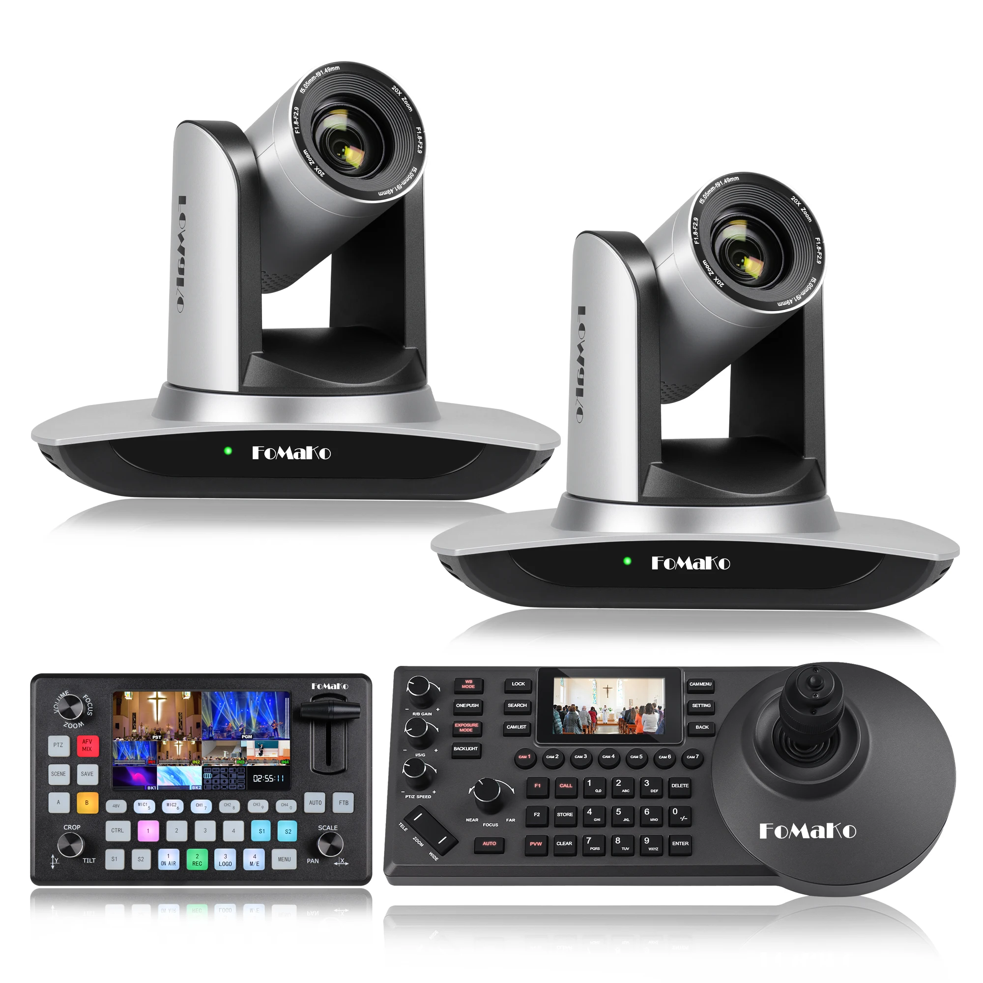 BH440 FMK12UH Pro(20x) AI Auto Tracking HDMI PTZ Camera 20x Optical Zoom(2pcs) +1* Video Mixer Switcher+ KC608Pro PTZ Controller