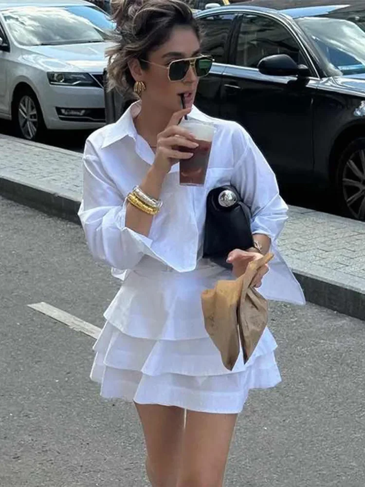 

Lapel Solid Color Single Breasted Shirt Waist Cinching Layered Fluffy Skirt Women's Set Casual Commuting Women's Versatile Suits