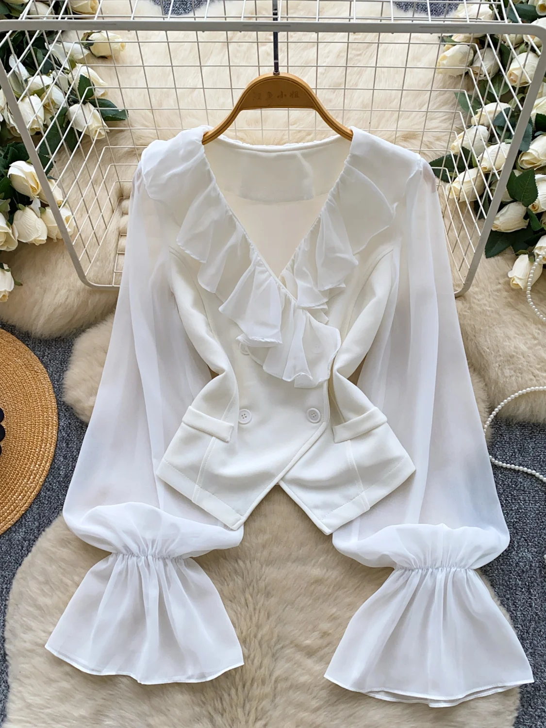 

Women's Apricot Shirts and Blouses Vintage Elegant 2000s Long Sleeve V-Neck Ladies Shirt Fashion Chic Clothes Spring Autumn 2025