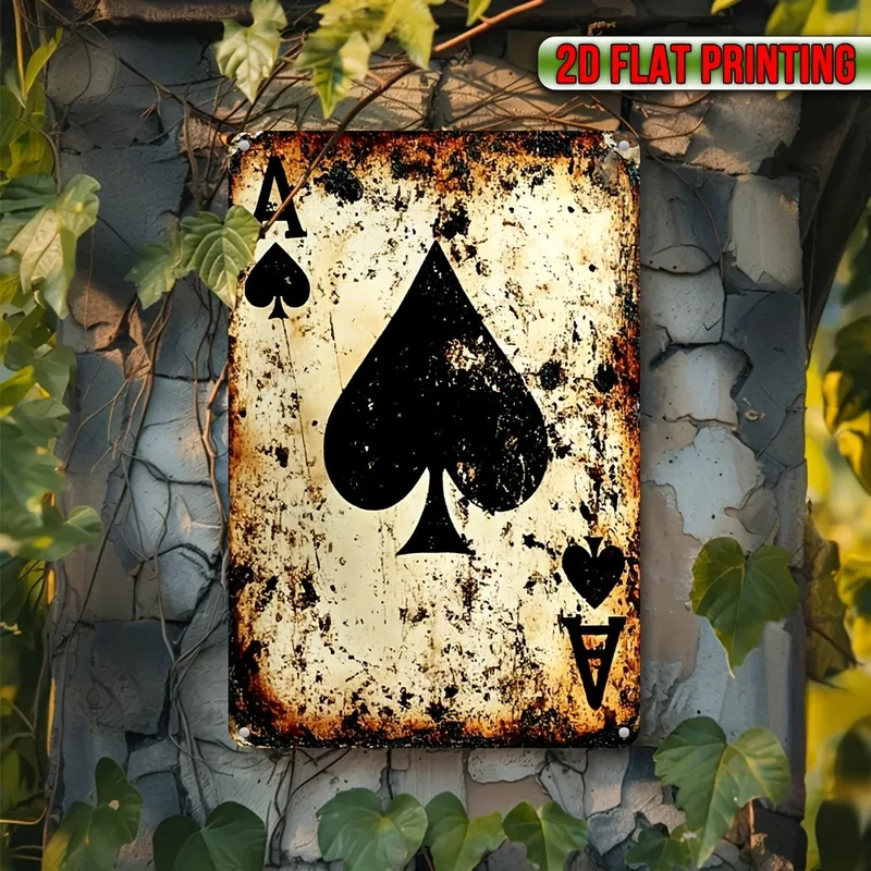 2D Flat Vintage Spade Metal Decor Plaque, Distressed Rustic Sign with Pre-drilled Holes for Hanging, Home Bar Man Cave Wall Deco