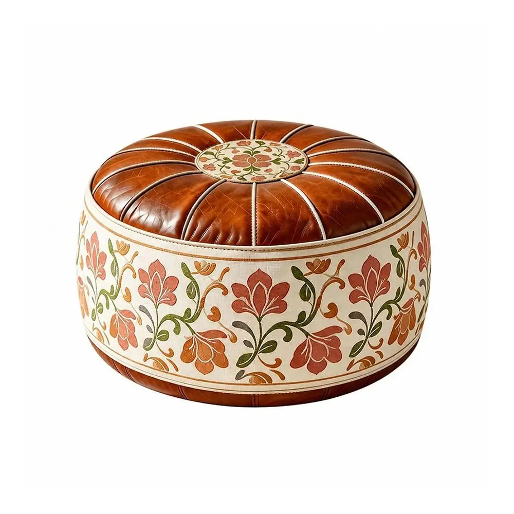 New PU Leather Fillable Ottoman Pouf Round Shape Moroccan Style Storage Ottoman Embroidered Pattern Floor Seat Cushion Home Use