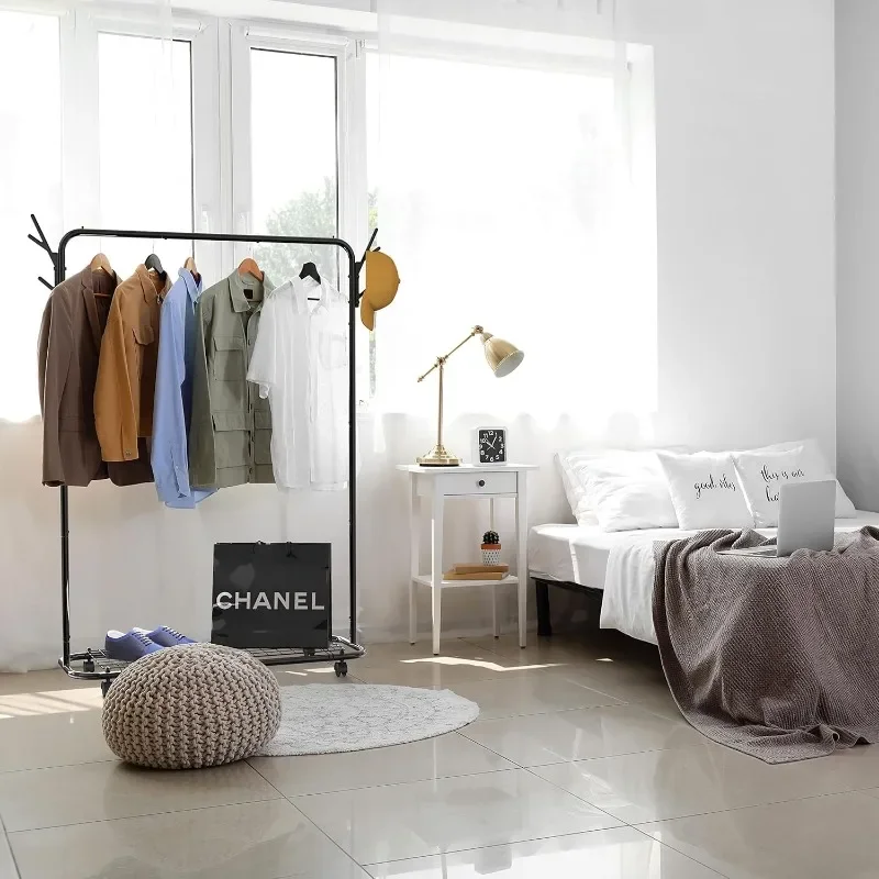 Industrial Style Garment Rack With Wheels And Hooks, Black