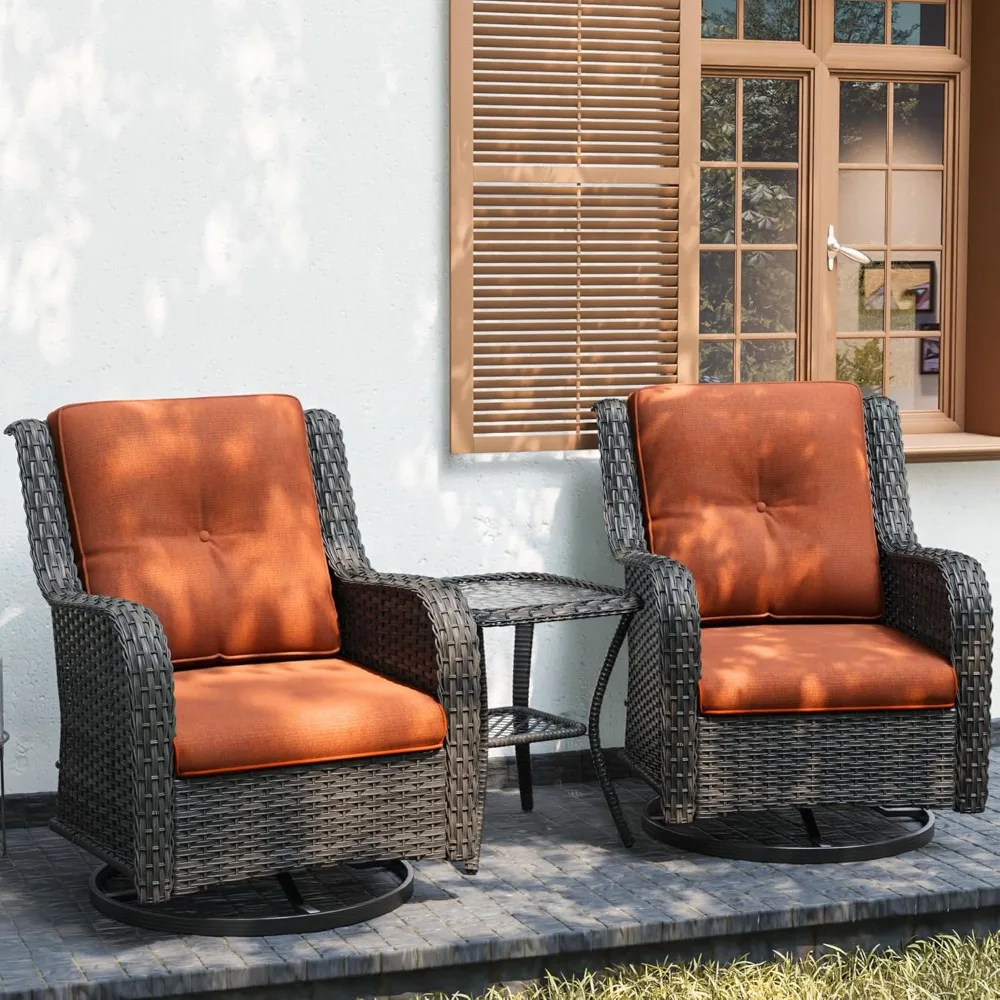 

Outdoor Swivel Rocker Patio Chairs Set of 2 and Matching Side Table - 3 Piece Wicker Patio Bistro Set with Premium Fabric Cushi