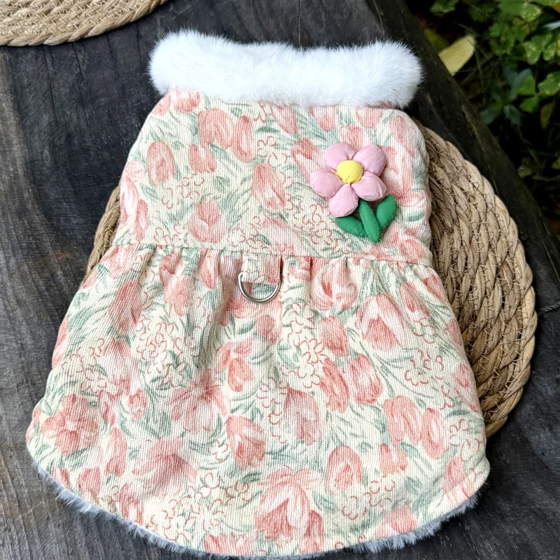 

Flower Puppy Dress Tulip Pet Clothes Teddy Cotton Dress Winter Warmth Skirt Thickened Dog Cotton Coat with Traction Buckle
