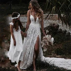 Beach A-Line Bride Dresses V Neck Spaghetti Strap Court Train Lace Wedding Dresses For Woman Wedding Dress Vestidos De Novia
