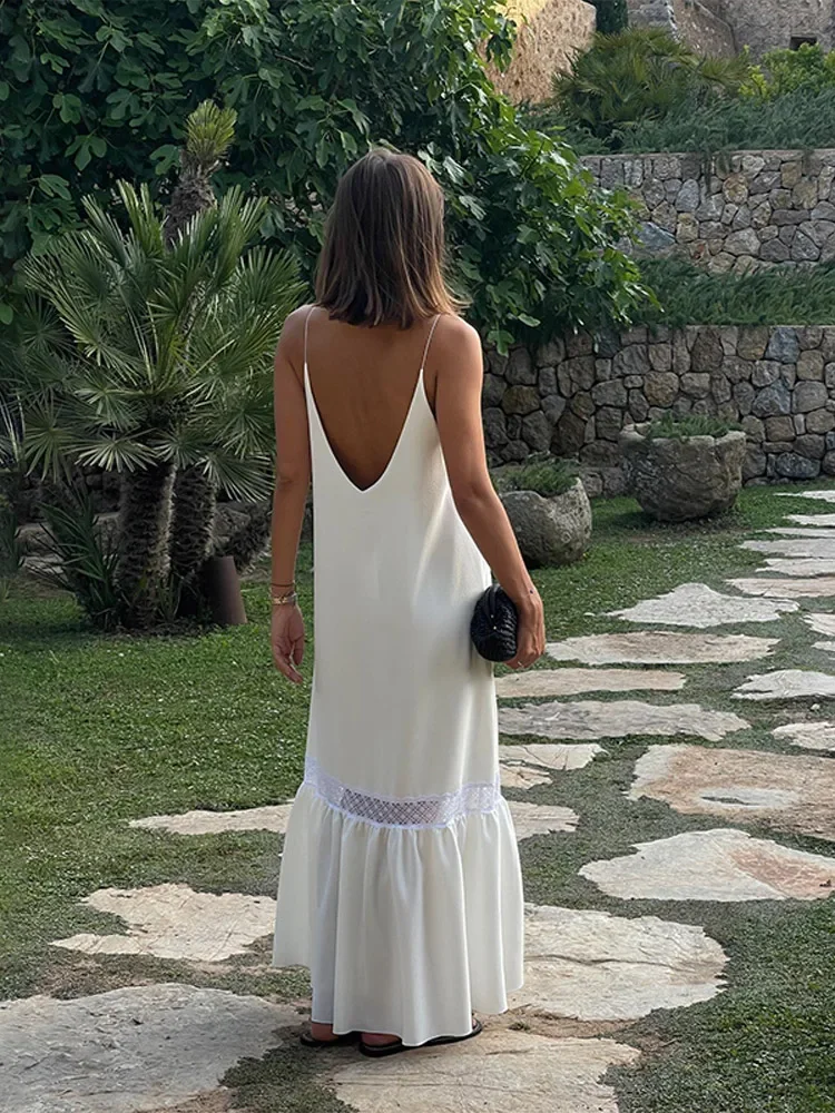 Elegant White Satin Mesh Spliced Backless Sling Dress Women Ruffles Hem Loose Long Dresses Female Vocation Beach Party Robes