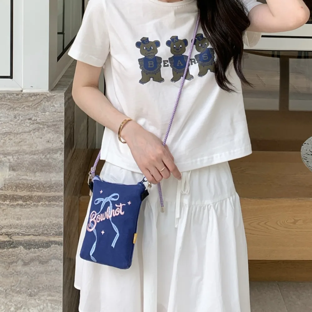 

New Trendy Sweet Bowknot Embroidery Shoulder Bag Blue Zipper Y2K Mobile Phone Bag Denim Korean Style Crossbody Phone Bag Girls