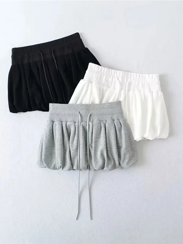 Summer 2025 Sweet Drawstring Elastic Waist Flower Bud Skirt Slimming High Waist Loose Puffy Short Skirt Commute Style Pure Color