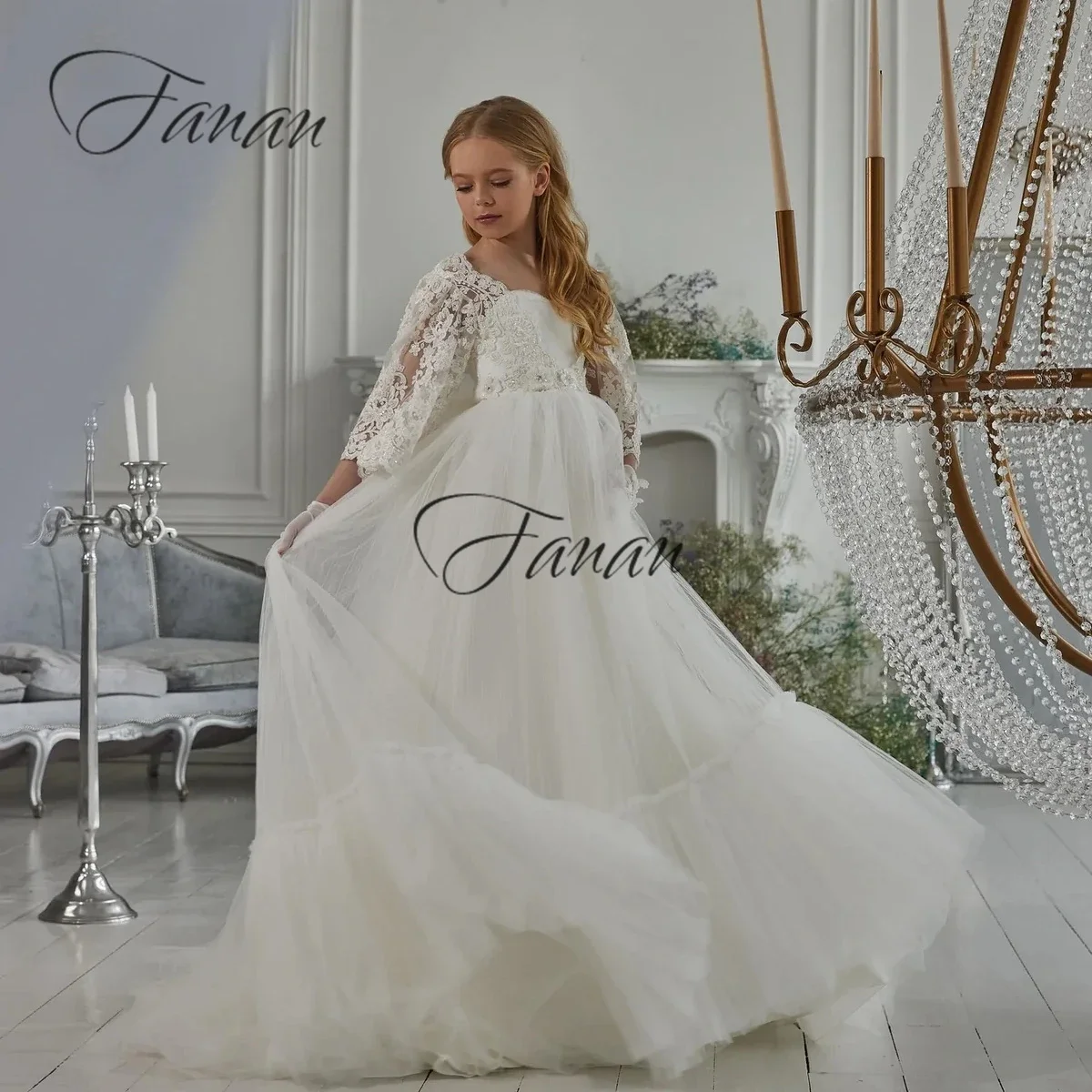 

Customized Simple White Lace Appliques Flower Girl Dresses A-Line Floor Length Pearls First Communion Long Tulle Baby Party Gow