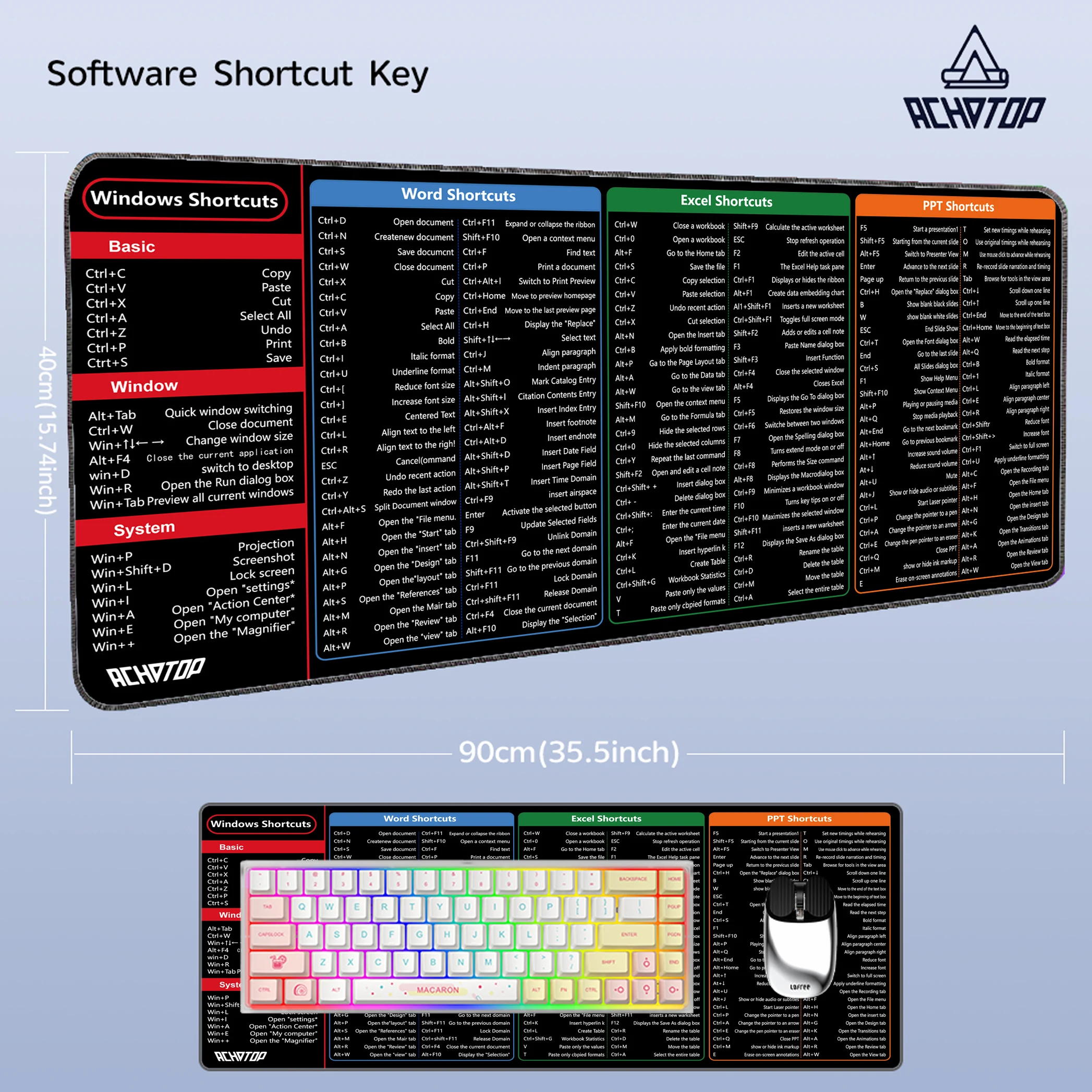 Windows Shortcut Mouse Pad Programming Large Cheat Sheet Keyboard Mousepad Desk Mat Non-Slip Rubber Base Stitched Edge 40x90cm