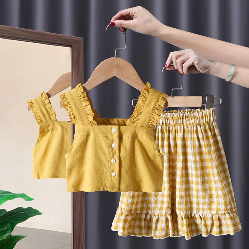 Costumes For Girls 2024 Dongdaemun Korean Summer Clothes Cotton Two-Piece Set Cute Sleeveless Shirts And Midi Dresses Loungewear