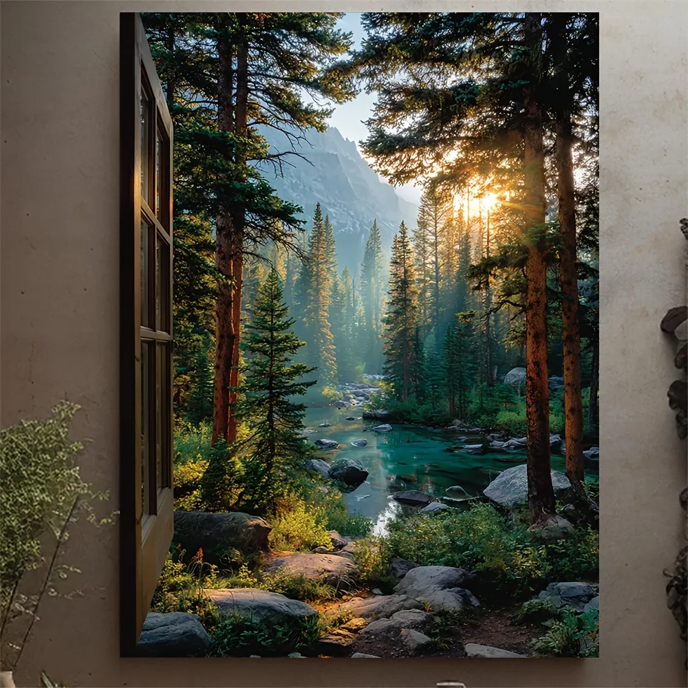 2D Flat No Frame, Depicting Streaming Through a Green Forest Window View. This Modern Design Canvas Print And Serves As Home Dec