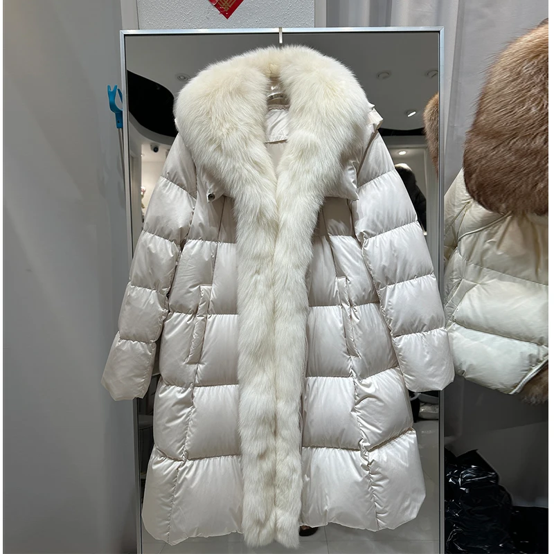European Sle Thiened Mid-Length Hooded Fur Collar down Jaet Women's Coat  Fur Collar Long Over-Knee Outerwear