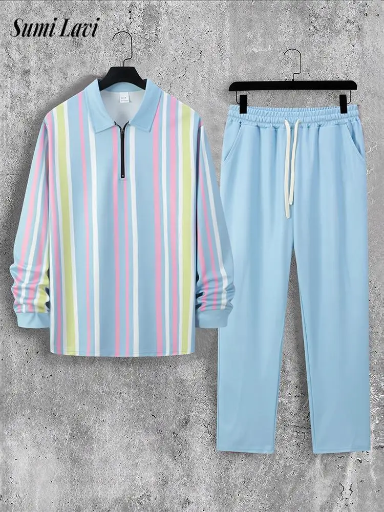 

Уличная одежда, повседневная мужская одежда, осень 202, модные полосатые костюмы из двух предметов с принтом для мужчин, повседневные комплекты поло и брюк для отдыха