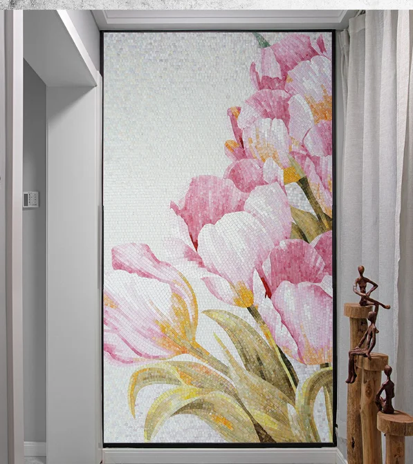 

Custom pink flower art glass mosaic tile mural design for lifelike wall decorate