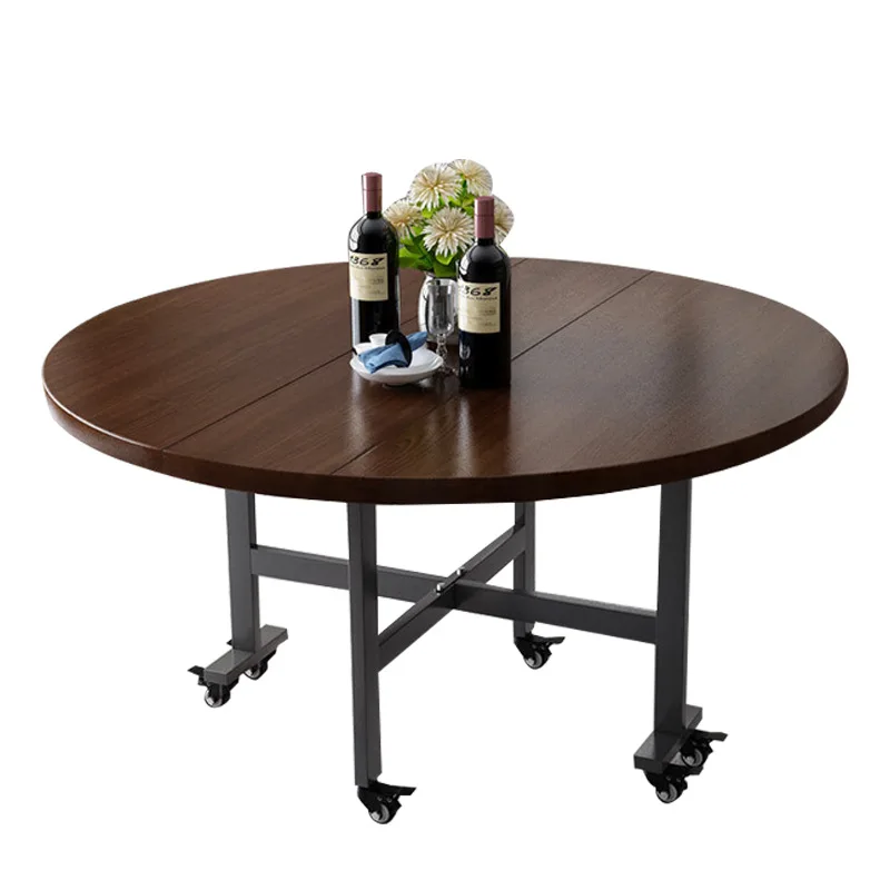 

Household folding round table for 10 people, movable three-fold round dining table with wheels