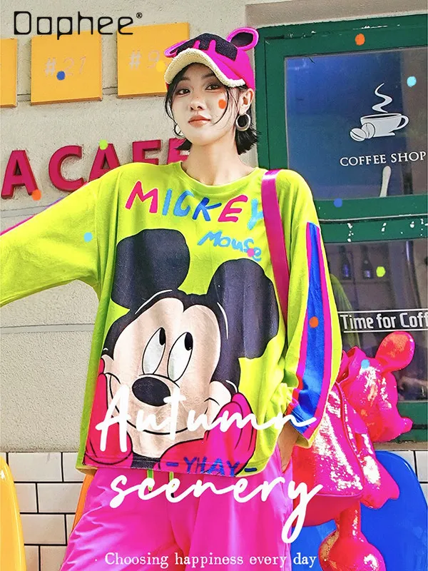 

Флуоресцентная зеленая футболка с надписью, повседневная, осенне-зимняя, новая, с мультяшным принтом, модная, брендовая, свободная, на флисе, базовая