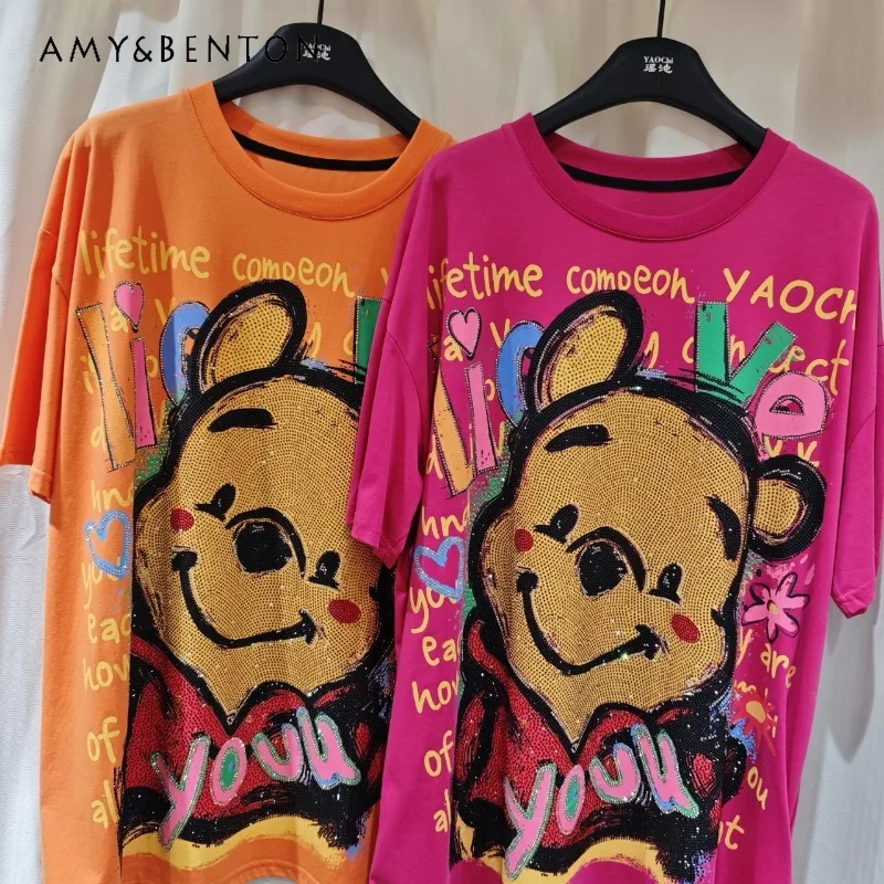 

Футболка с короткими рукавами и принтом со стразами, модный брендовый топ средней длины, женские футболки Y2k, пуловер с круглым вырезом