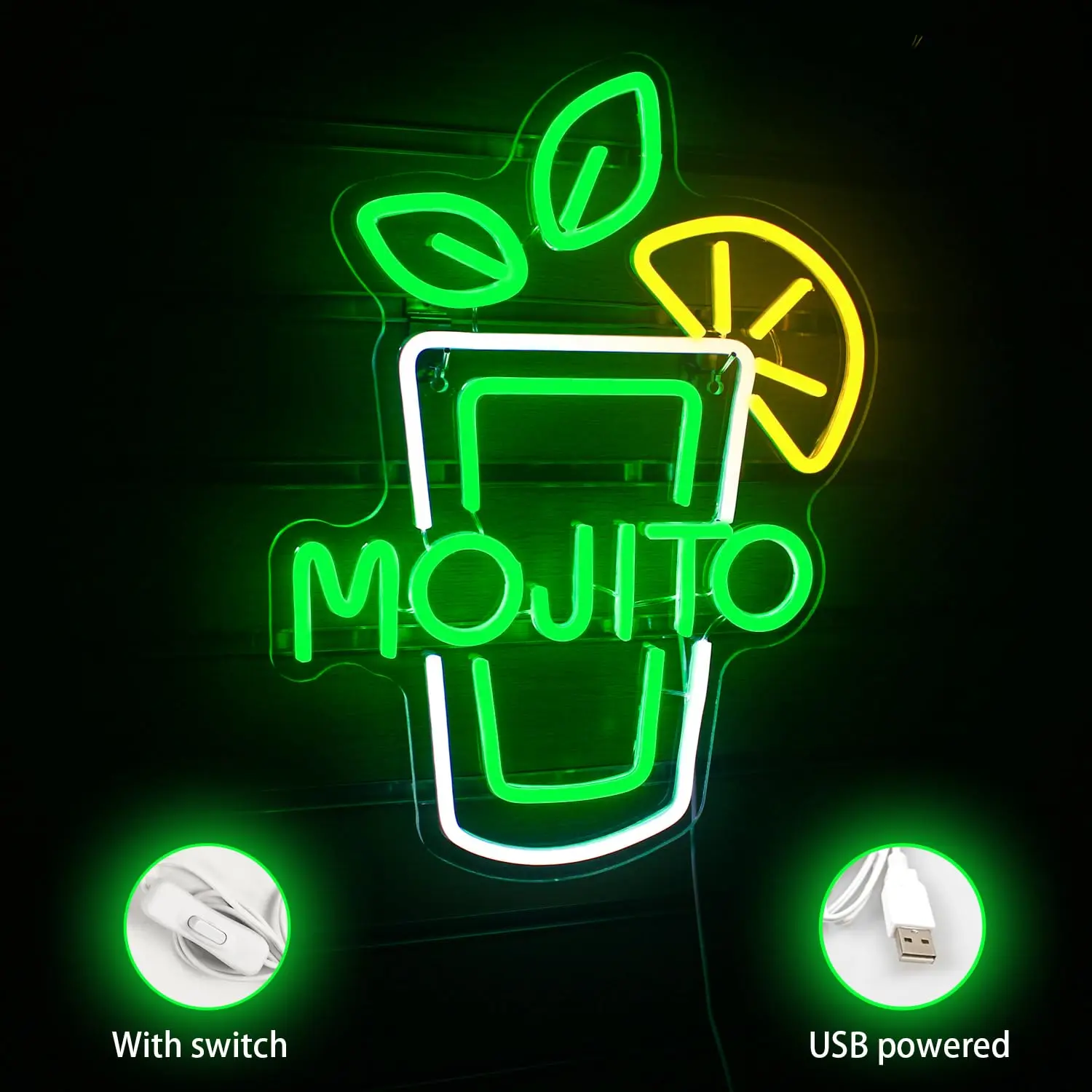 Mojito Neon Sign - Green LED Bar Decor for Home/Commercial Use - Perfect for Cocktail, Office, Hotel & Entertainment Rooms Decor