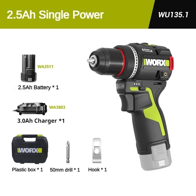 

WORX WU135 2,5 Ач Аккумулятор 3,0 Ач Зарядное устройство Новая версия 12 В 50 Нм Smart Clucth Автоматическая остановка 2-скоростная регулировка Беспроводная электрическая дрель