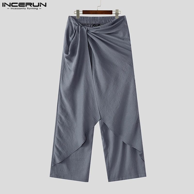 INCERUN American Fashion Long Pants Men Casual Hierarchical Design Solid Straight Leg Trousers Handsome Boy Commuting Bottoms