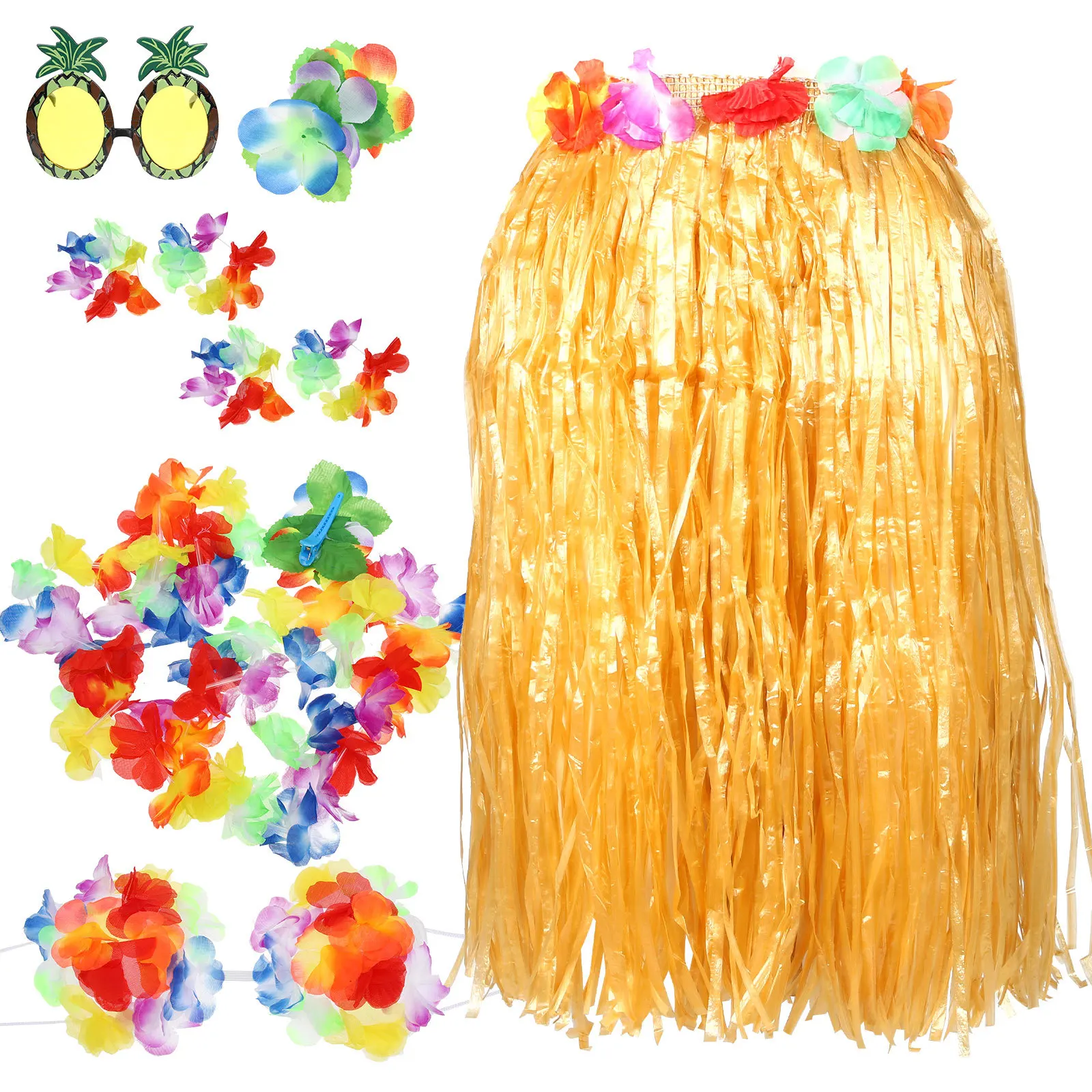 

1 Set Hawaiian Grass Skirt Costume Flower Garland Luau Party Supplies For Women Kids Tropical Dance Outfit Hula Skirt Party