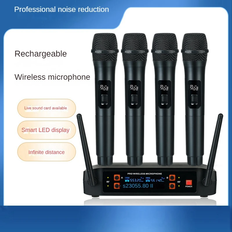 Wireless Microphone Professional Handheld 4 Channels UHF Dynamic Mic For Karaoke Wedding Party Band Church Stage