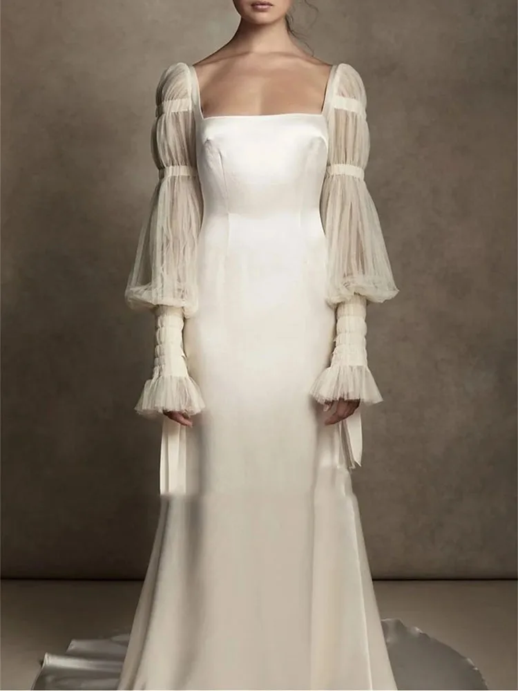 

LAYXHS Fashion Wedding Dresses Square Neck Tulle Long Sleeves Mermaid Backless Lace-Up Bridal Gowns Customized vestidos de novia