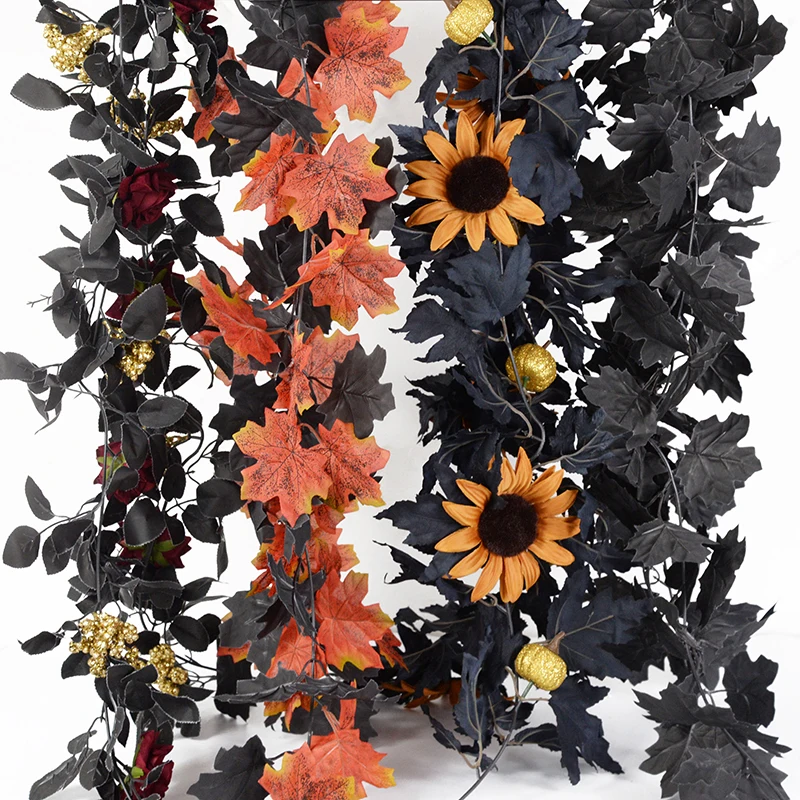 175cm Artificial Plant Maple Leaf Vine Halloween Black Flower Rose Hanging Garland For Wedding Thanksgiving Fireplace Home Decor