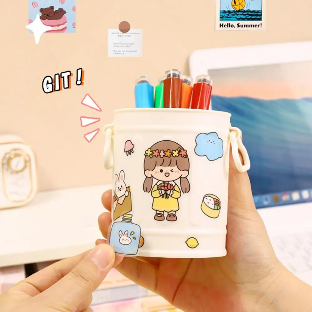 Cute Pen Holder Portable Plastic Simple Stationery Storage Box Large Capacity Retro Pen Bucket Desktop