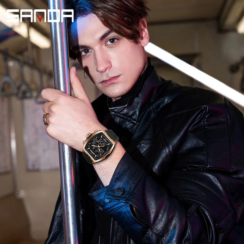 SANDA 6235 Мужские электронные часы с большим циферблатом, спортивные светодиодные аналоговые цифровые хронографы, военные мужские наручные часы с двойным дисплеем 2025