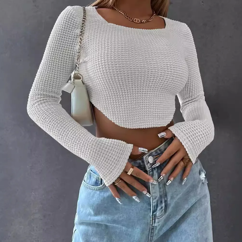 Sexy Long Sleeve Stitch T Shirt Women Streetwear Y2k Clothes Knit Crop Top Korean Fashion Spring Autumn Short Skinny Tshirt 2022
