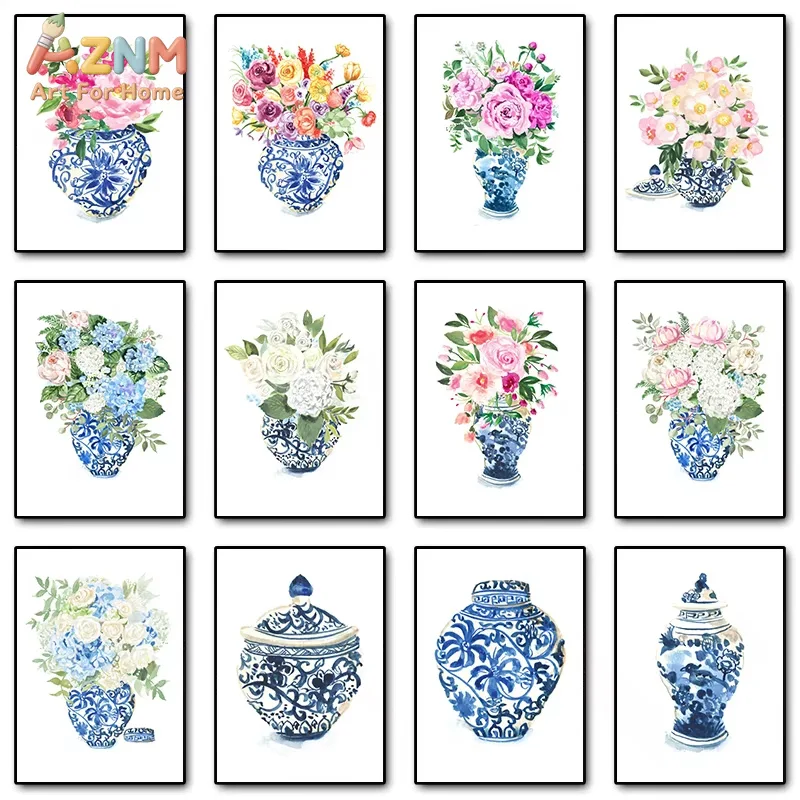 1PC Blue and White Ginger Jar Peony Hydrangea Flower Posters Prints Canvas Painting Chinoiserie Wall Art Picture for Home Decor