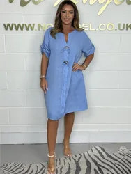 Autumn Women Solid Loose Dress New Fashion V Neck Button Office Elegant Dresses 2024 Female Holiday Casual Dress Robe Femme