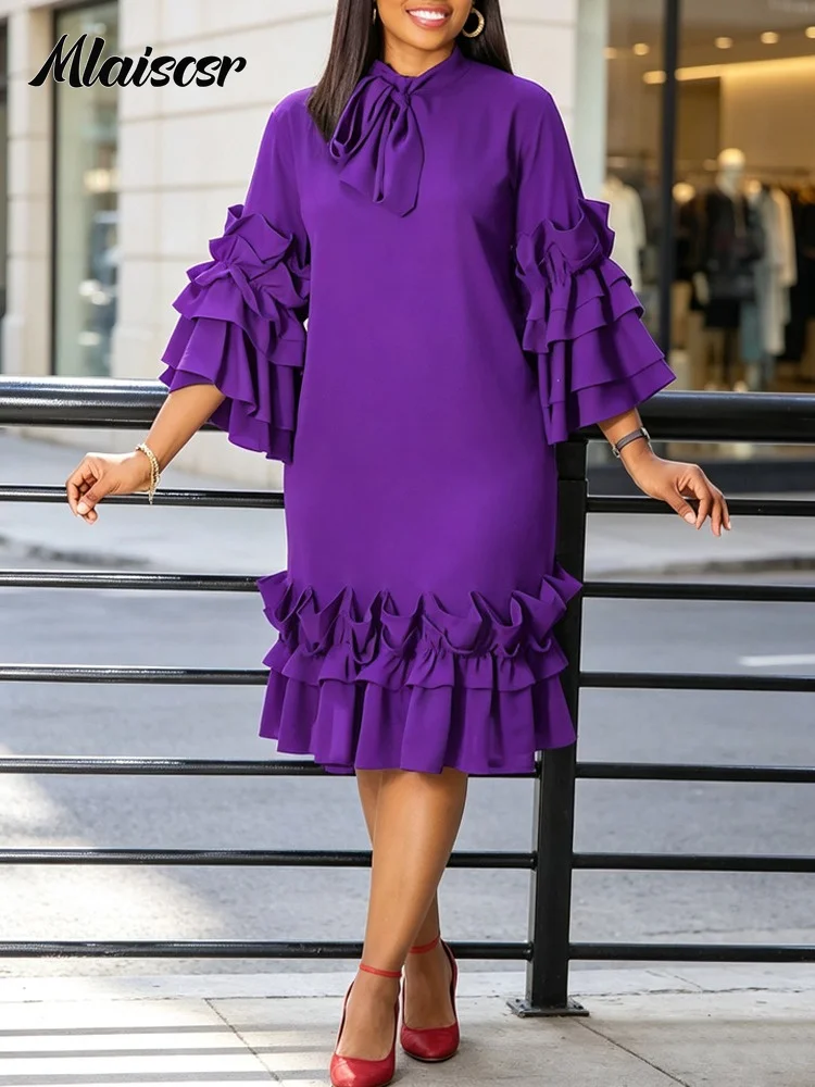 Women Purple Layered Ruffle Sleeve Dress Tie Neck Ruffled Hem Knee Length Dresses Elegant Wedding Guest Birthday Evening Outfit